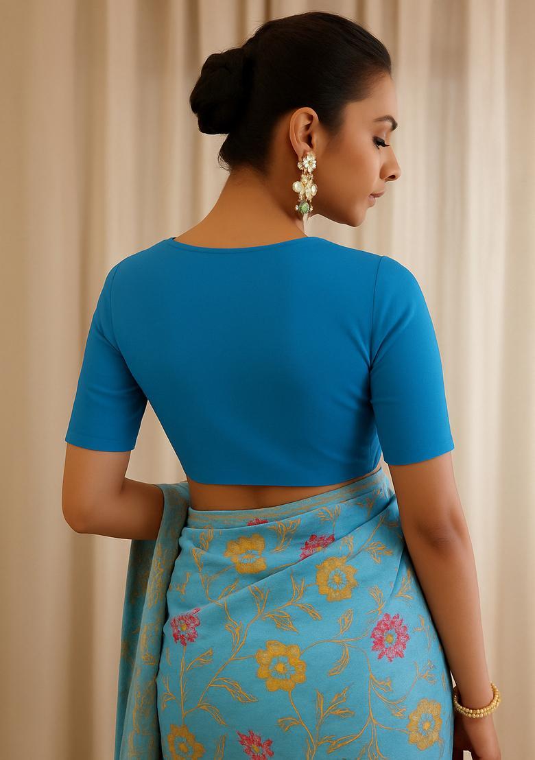 Blue Zari Work Silk Blend Pre Draped Saree Set - Indya
