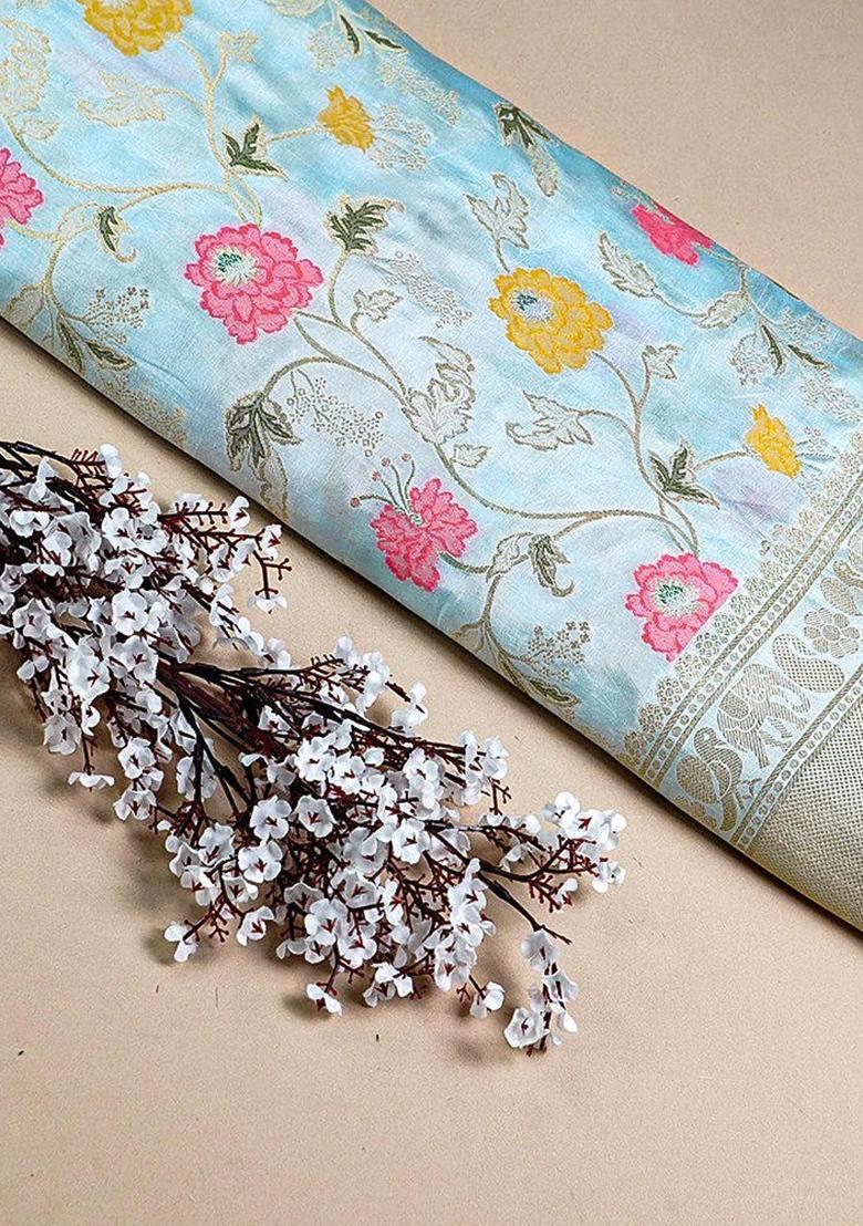 Blue Zari Work Silk Blend Pre Draped Saree Set - Indya
