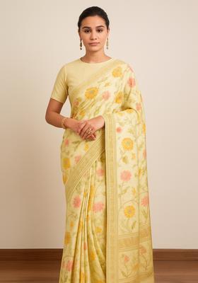Yellow Zari Work Silk Blend Pre Draped Saree Set