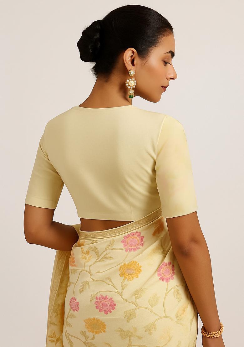 Yellow Zari Work Silk Blend Pre Draped Saree Set - Indya