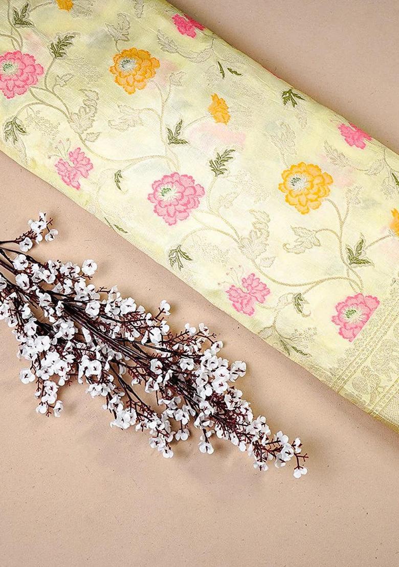 Yellow Zari Work Silk Blend Pre Draped Saree Set - Indya