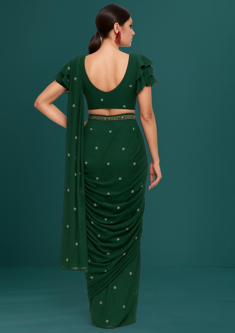 Green Sequin Tissue Pre Draped Saree Set - Indya