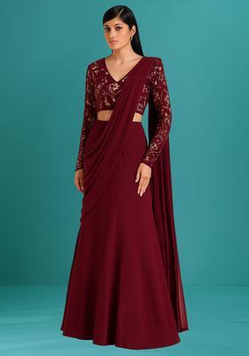 Wine Solid Silk Blend Pre Draped Saree Set