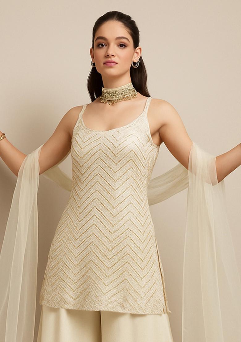 Cream Embroidered Georgette Sharara Set - Indya