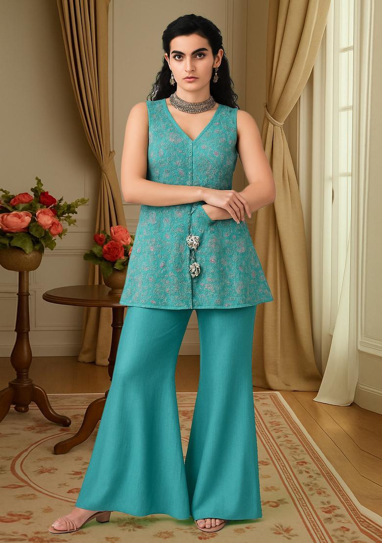 Sea Green Zari Embroidered Tissue Fusion Set - Indya