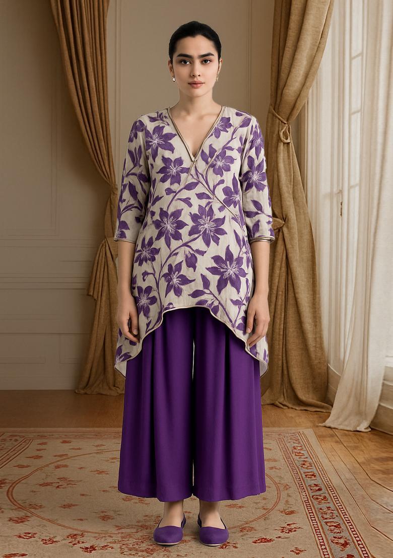 Beige Embroidered Tissue Fusion Set - Indya