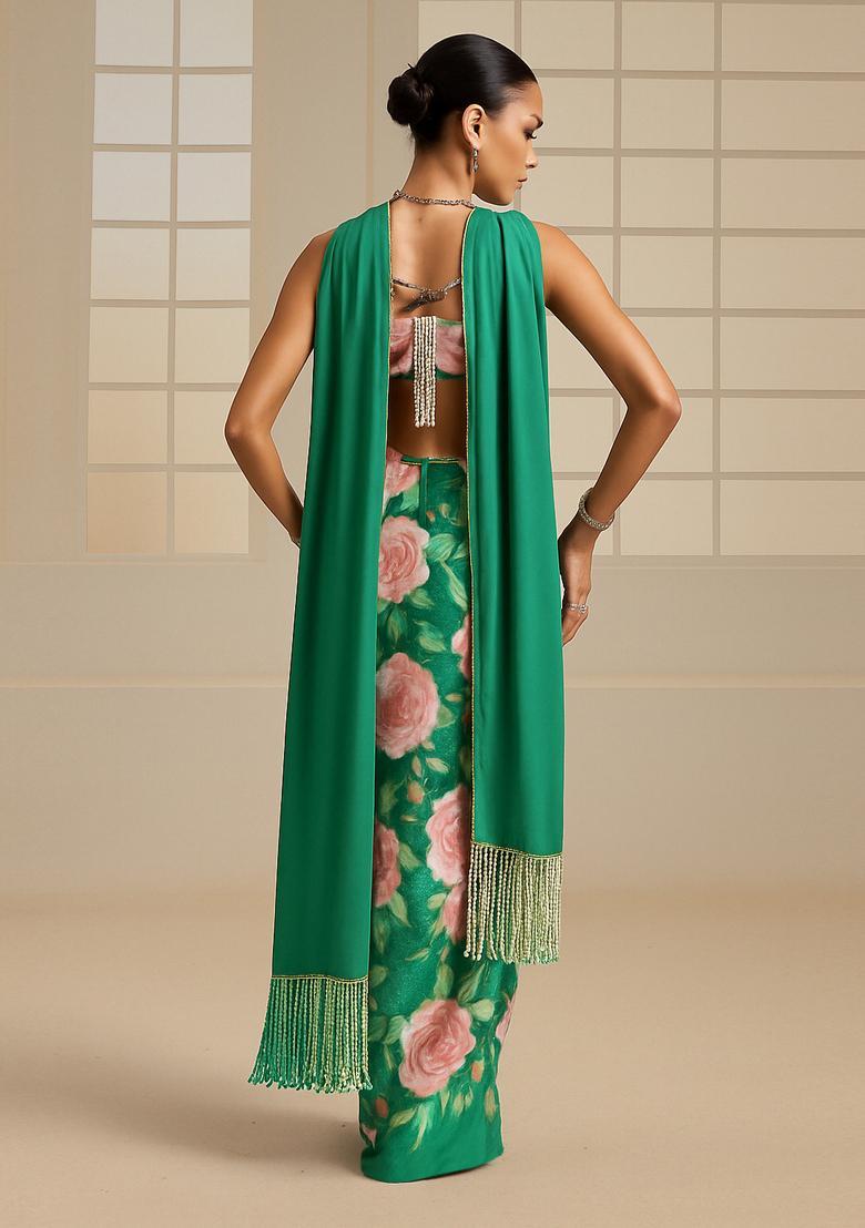 Green Printed Satin Fusion Set - Indya