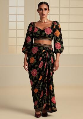 Black Sequin Embroidered Crepe Fusion Set