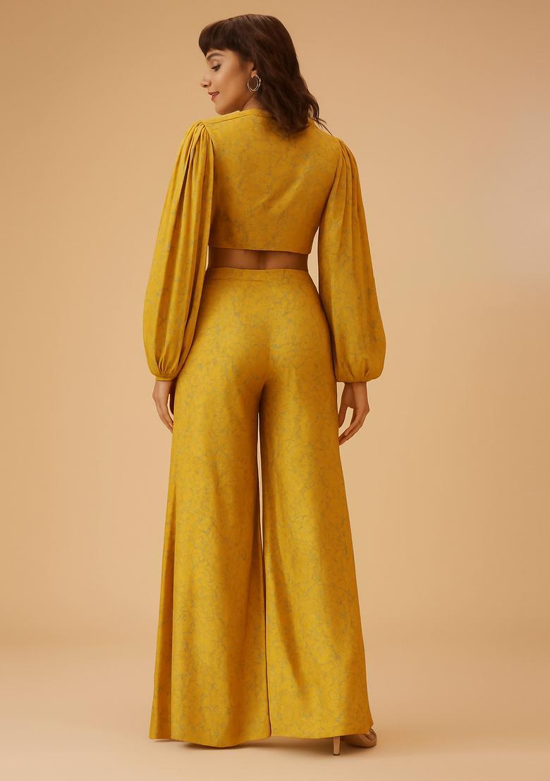 Yellow Embroidered Raw Silk Blend Fusion Set - Indya