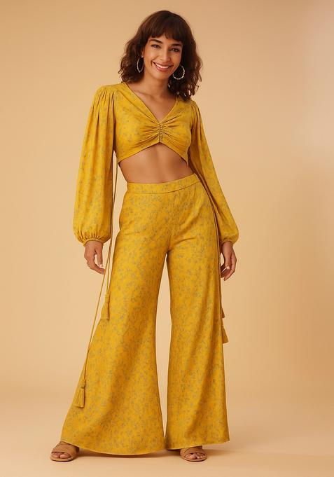 Yellow Embroidered Raw Silk Blend Fusion Set