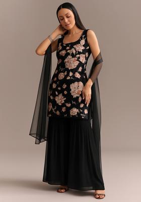 Black Embroidered Silk Blend Sharara Set