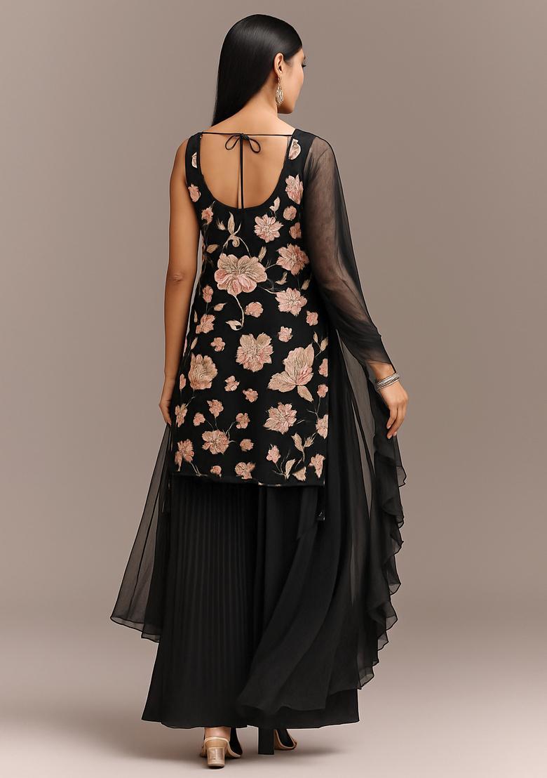 Black Embroidered Silk Blend Sharara Set - Indya