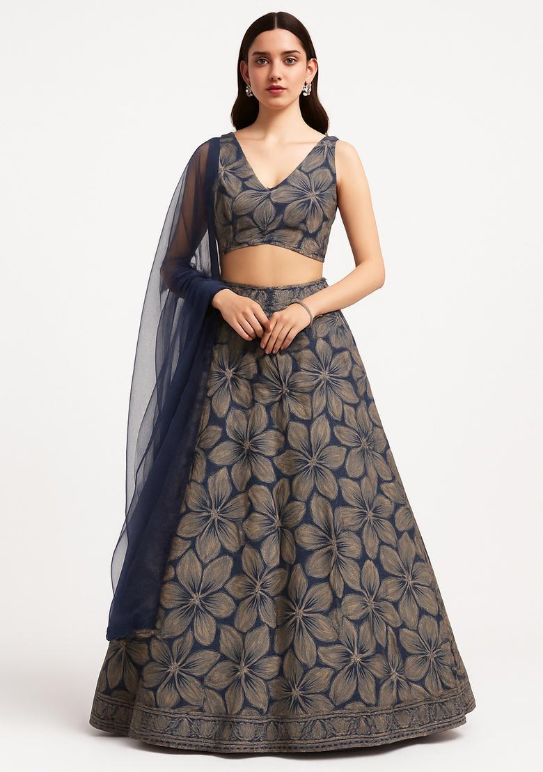 Blue Beads And Sequins Net Lehenga Set - Indya