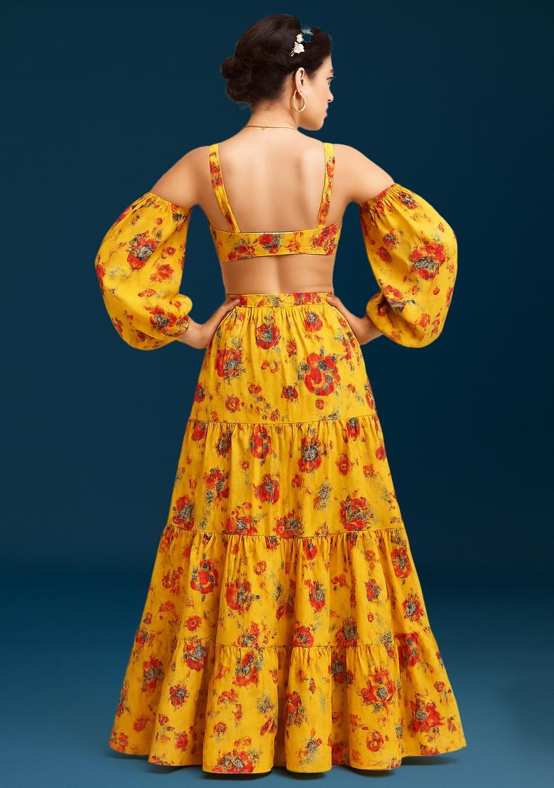 Yellow Printed Crepe Lehenga Set - Indya
