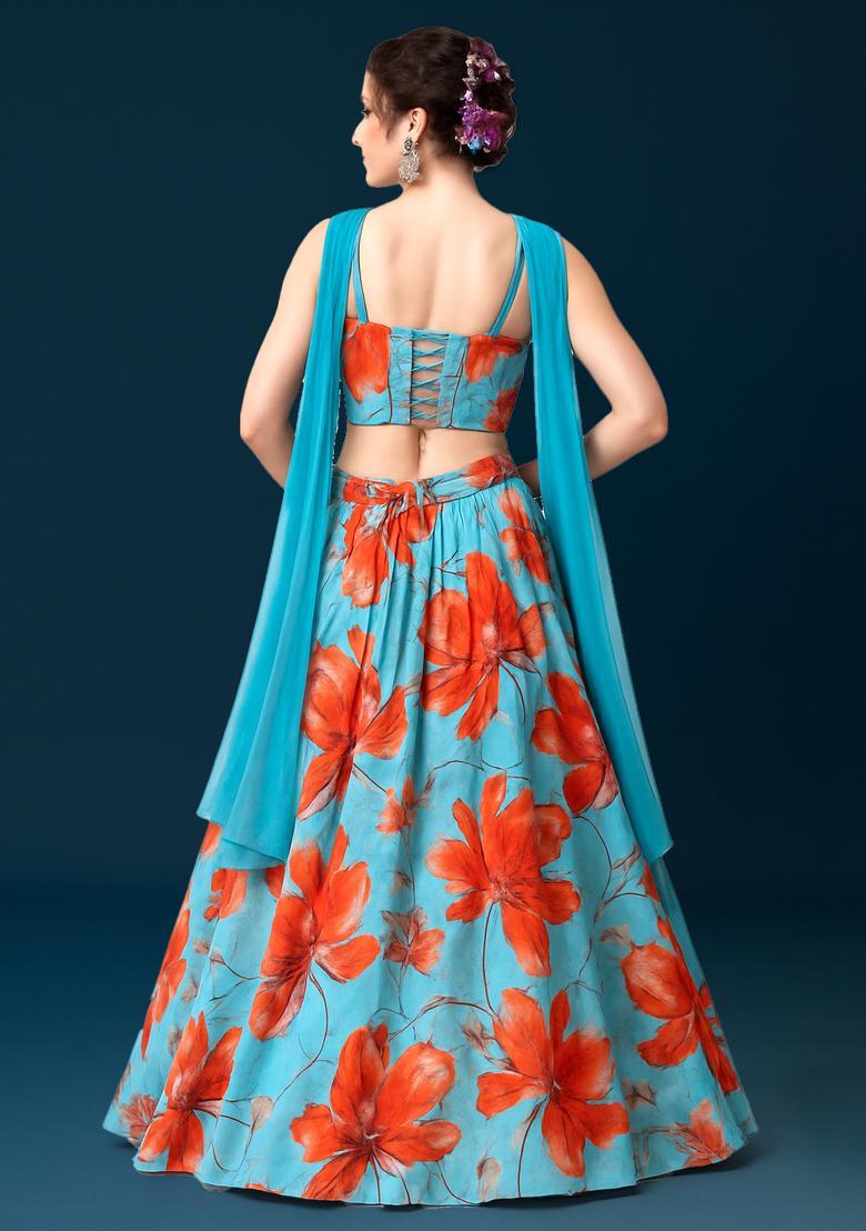 Blue Printed Satin Lehenga Set - Indya