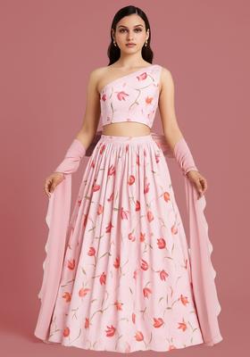 Pink Printed Polyester Lehenga Set