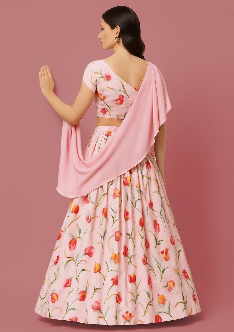 Pink Printed Polyester Lehenga Set - Indya