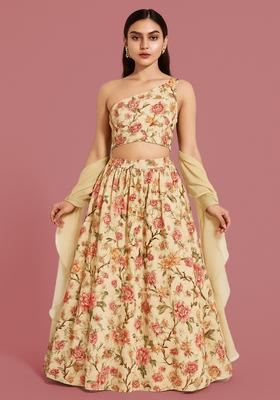 Beige Printed Polyester Lehenga Set