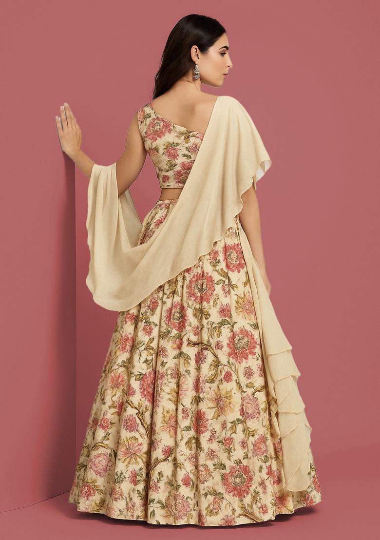 Beige Printed Polyester Lehenga Set - Indya