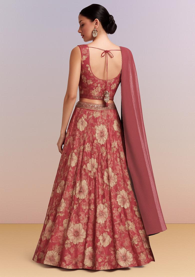 Dusty Pink Printed Pure Cotton Lehenga Set - Indya