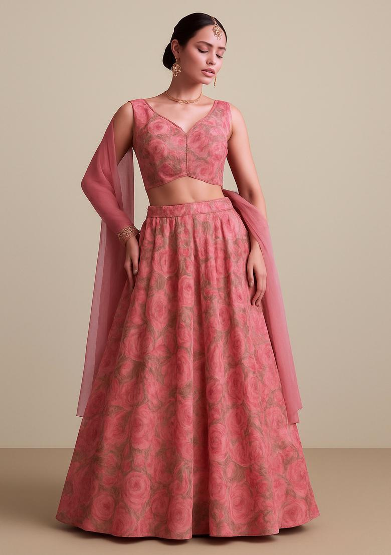 Pink Printed Organza Lehenga Set - Indya