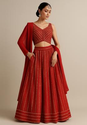 Red Embroidered Silk Blend Lehenga Set