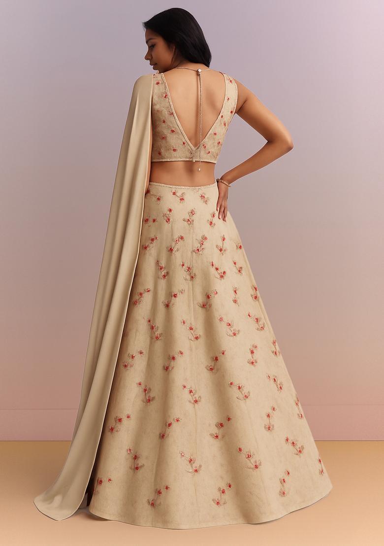 Beige Embroidered Tissue Lehenga Set - Indya