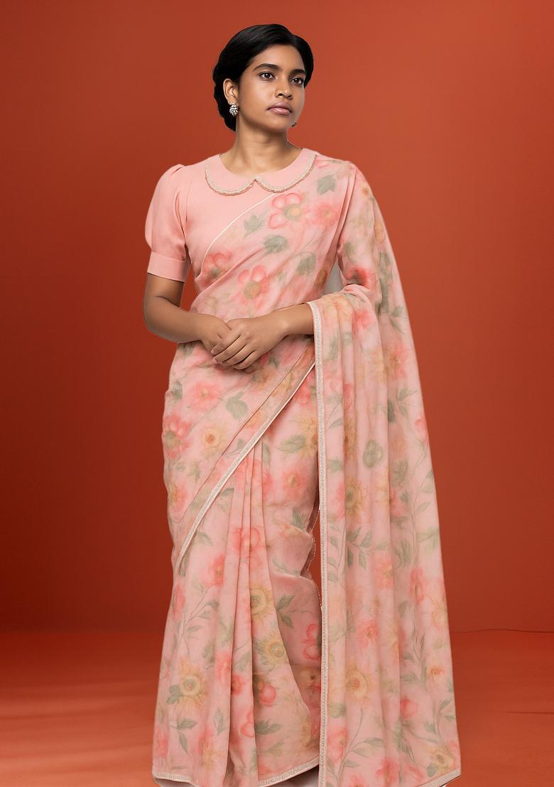 Pink Printed Organza Pre Draped Saree Set - Indya