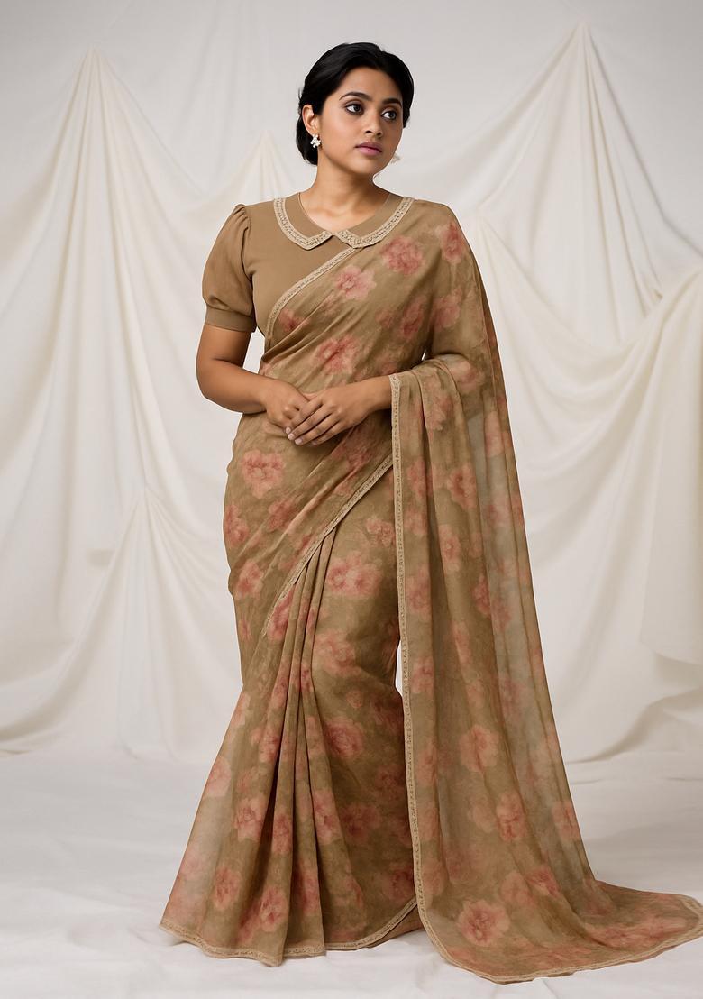 Green Printed Organza Pre Draped Saree Set - Indya