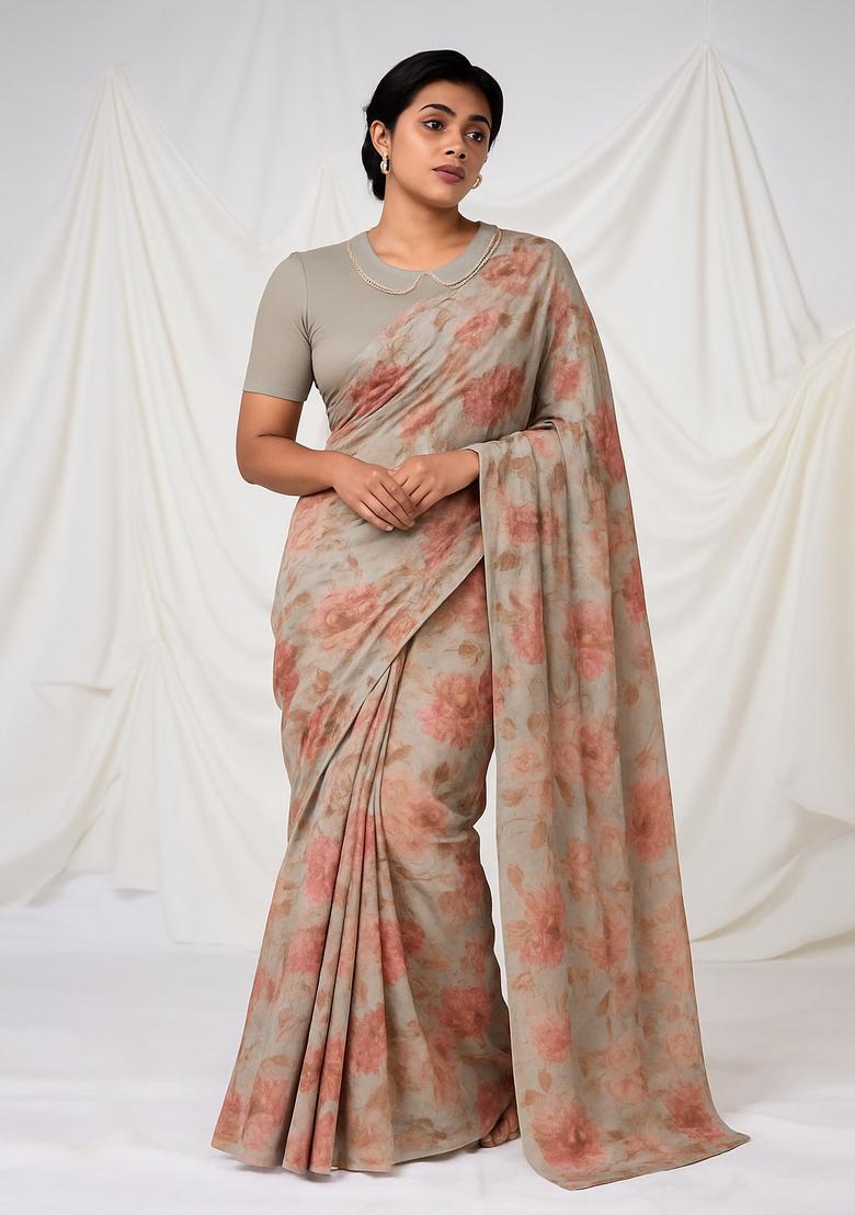 Grey Printed Organza Pre Draped Saree Set - Indya