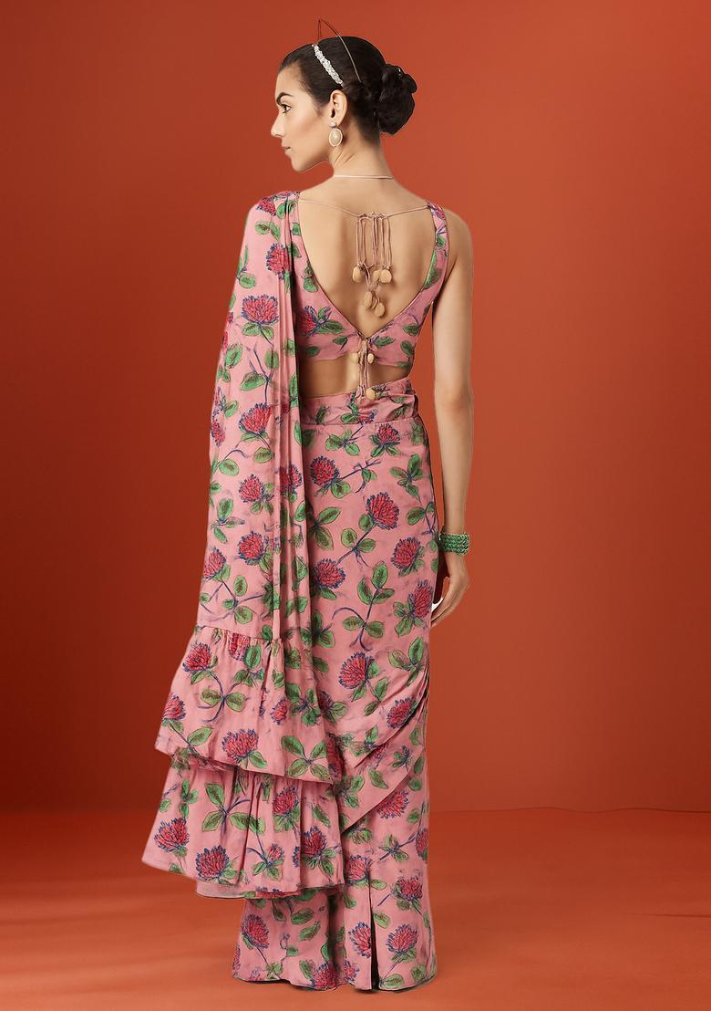 Pink Printed Satin Pre Draped Saree Set - Indya