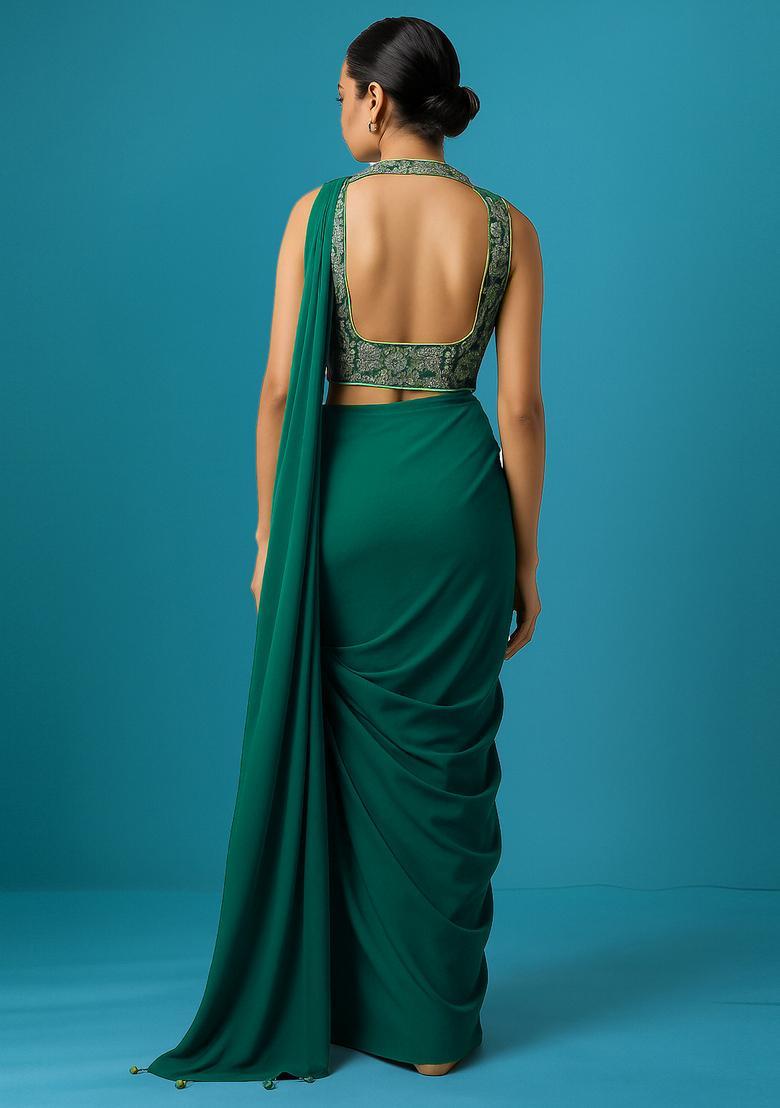 Green Brocade Blouse Pre Draped Saree Set - Indya