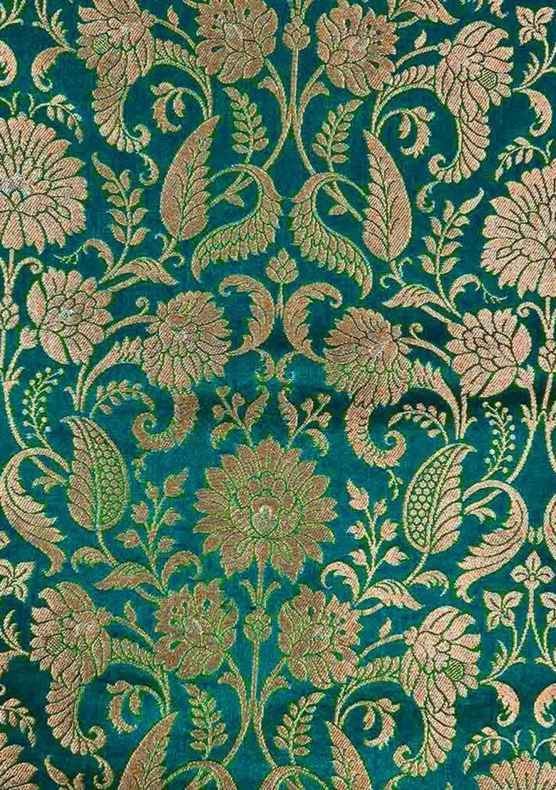 Green Brocade Blouse Pre Draped Saree Set - Indya