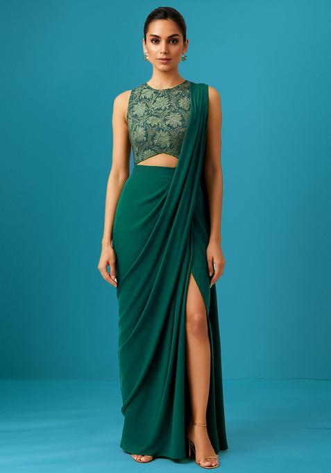Green Brocade Blouse Pre Draped Saree Set