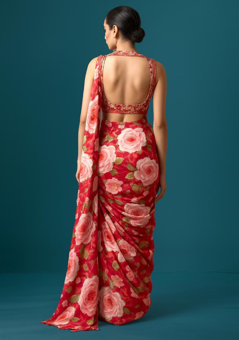 Red Printed Satin Pre Draped Saree Set - Indya