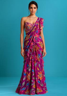 Pink Sequin Embroidered Organza Pre Draped Saree Set