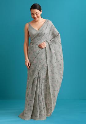 Grey Embroidered Linen Pre Draped Saree Set