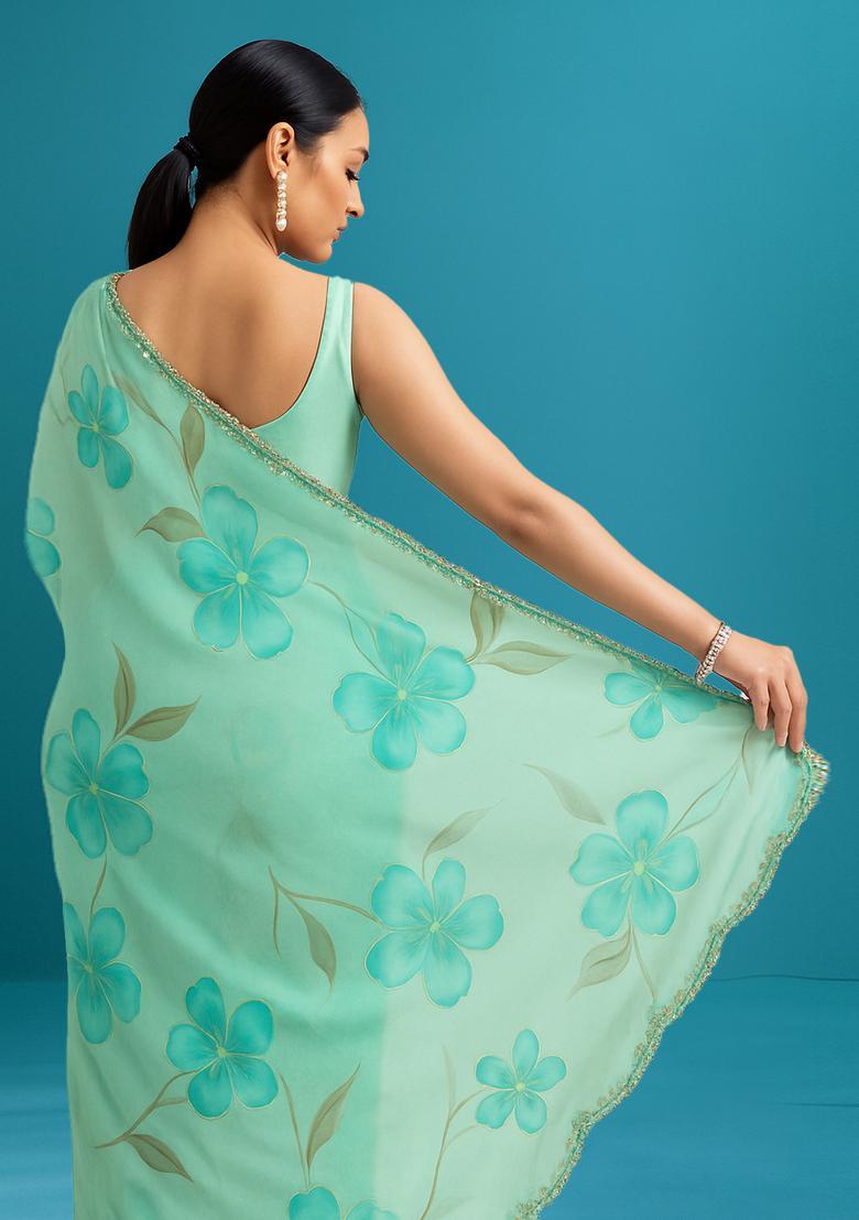Sea Green Brush Painted Organza Pre Draped Saree Set - Indya