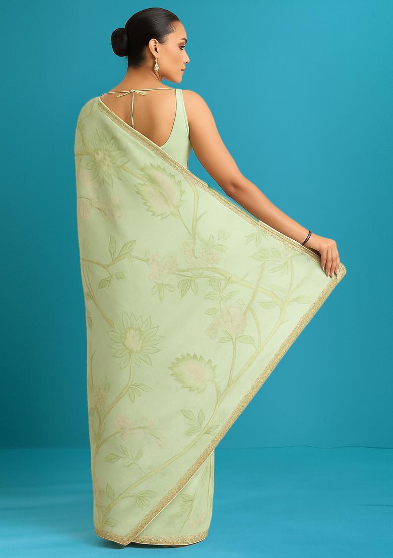 White Printed Linen Pre Draped Saree Set - Indya