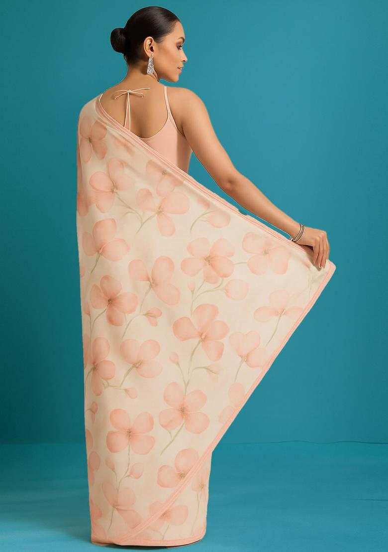Peach Printed Linen Pre Draped Saree Set - Indya