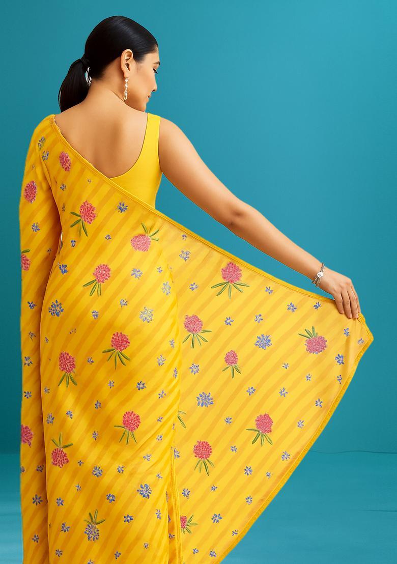 Yellow Printed Linen Georgette Pre Draped Saree Set - Indya