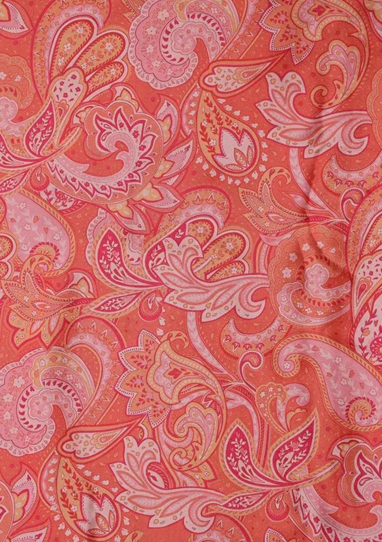 Orange Printed Crepe Pre Draped Saree Set - Indya