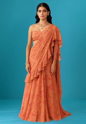 Peach Printed Crepe Pre Draped Saree Set