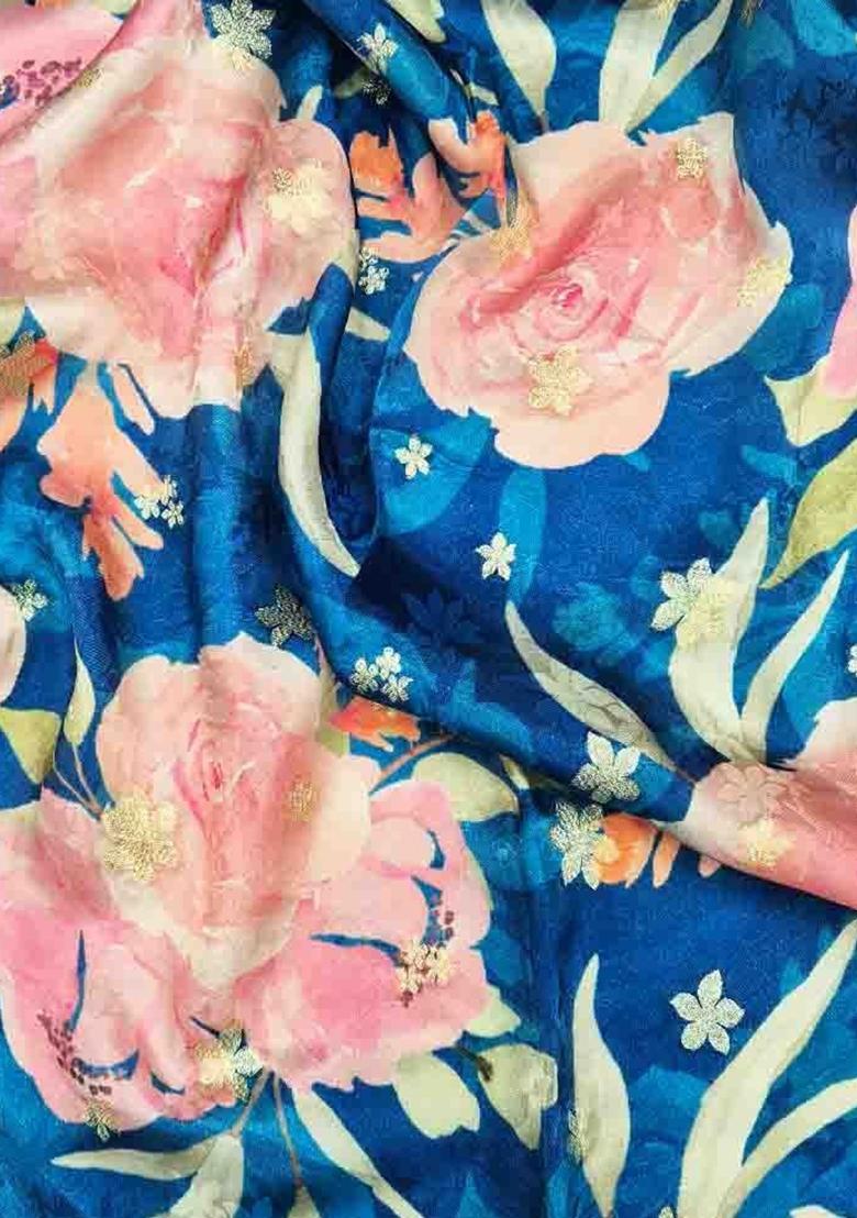 Blue Printed Satin Pre Draped Saree Set - Indya
