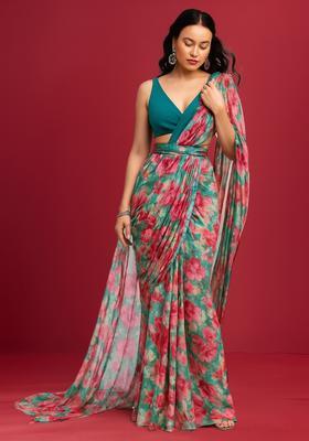 Sea Green Printed Satin Pre Draped Saree Set