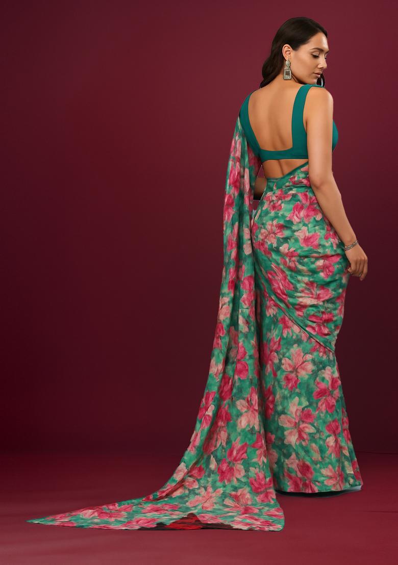 Sea Green Printed Satin Pre Draped Saree Set - Indya