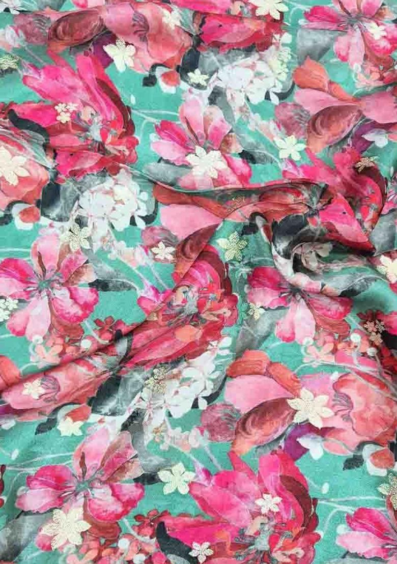 Sea Green Printed Satin Pre Draped Saree Set - Indya
