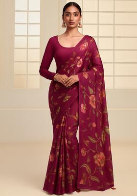 Purple Printed Satin Pre Draped Saree Set
