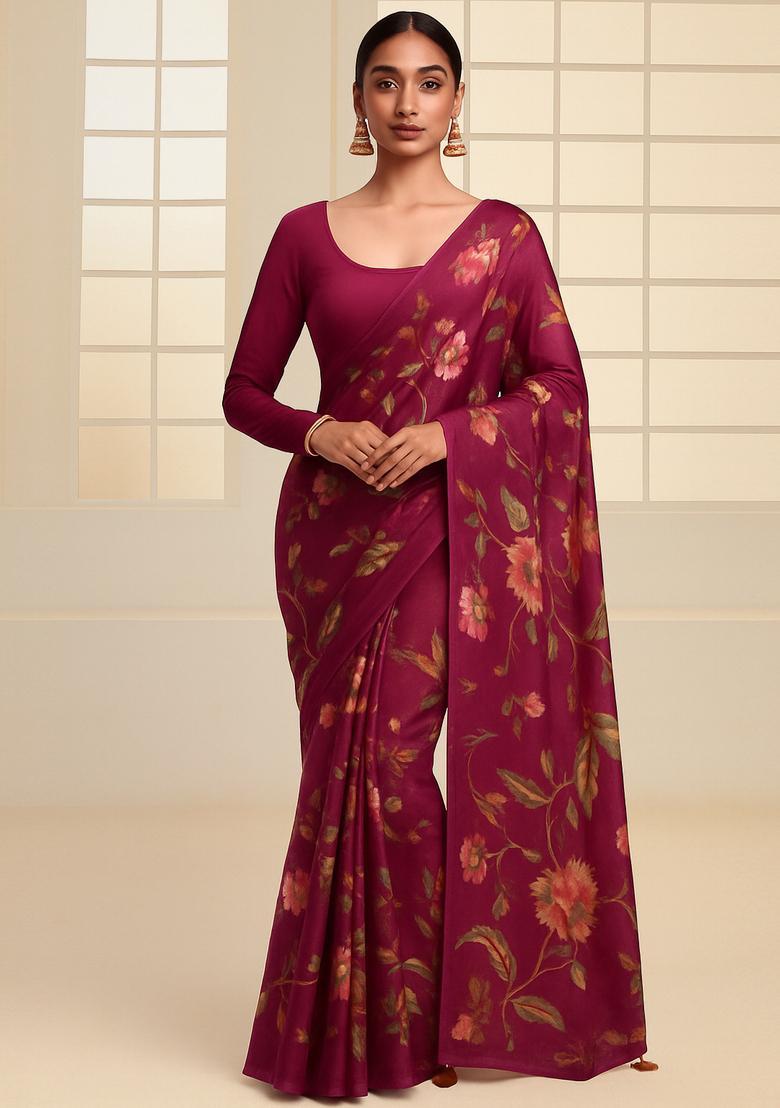 Purple Printed Satin Pre Draped Saree Set - Indya
