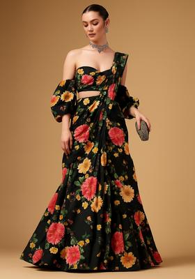 Black Printed Georgette Pre Draped Saree Set